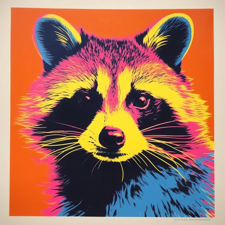 this vibrant raccoon, reminiscent of andy warhol's iconic silkscreen prints, pops with bold colors and graphic flair, blending the whimsy of wildlife with the sophistication of modern art, evoking the fusion of nature and pop culture in a striking visual statement. ai generatedの素材