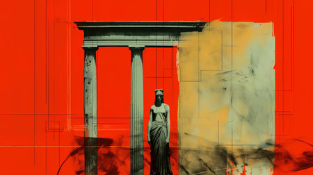 the caryatides, iconic pillars of ancient greek architecture, stand majestically in this unique drawing, blending seamlessly with the vibrant, abstract expressionism of mark rothko's style, set against the breathtaking backdrop of the acropolis of athens, a testament to the rich cultural heritage of greece. ai generatedの素材