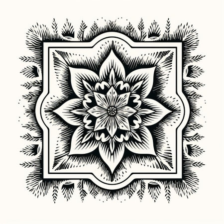 this isolated print features an old stamp mandala icon set against a clean, minimalistic white background, showcasing intricate line engraving details, evoking a vintage aesthetic, perfect for designers and crafters seeking unique, high-quality, retro-inspired graphic elements for their projects. ai generatedの素材