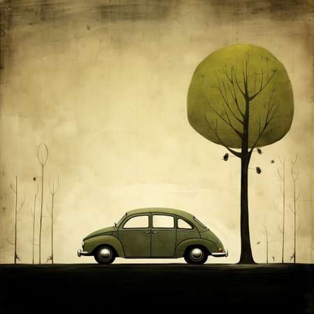 the car, a vibrant and stylized illustration by renowned artist jon klassen, stands proudly in the foreground, showcasing its sleek design and bold colors, evoking a sense of speed and adventure, perfect for car enthusiasts and fans of klassen's unique art style. ai generatedの素材