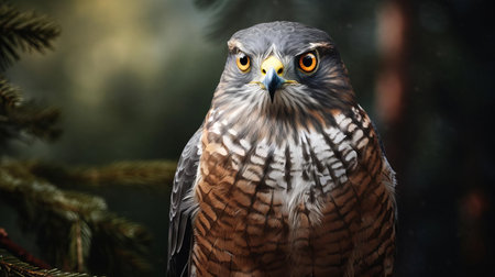 the sparrowhawk, a majestic bird of prey, is beautifully captured in this stunning photo-realistic image, showcasing its striking grey and brown plumage, sharp talons, and piercing gaze, highlighting its agility and stealth as a skilled hunter in its natural habitat. ai generatedの素材