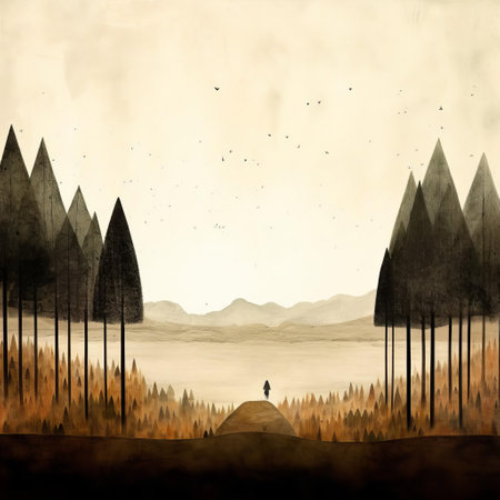 the landscape painting, crafted by renowned artist jon klassen, showcases a serene full-body portrait set against a subtle, minimalist background, evoking a sense of tranquility and simplicity, perfect for art enthusiasts and nature lovers alike, blending traditional and modern art styles. ai generatedの素材