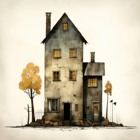 the house, a whimsical illustration by renowned artist jon klassen, stands alone without a background, showcasing its intricate details and vibrant colors, evoking a sense of wonder and magic, perfect for fans of children's literature and art enthusiasts alike. ai generatedの素材