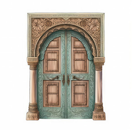 the vibrant indian art retro door drawing, isolated on a pristine white background, showcases intricate patterns and ornate designs, blending traditional indian motifs with a touch of modern flair, perfect for adding a pop of cultural flair to any design or art project. ai generatedの素材