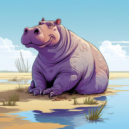 a hippopotamus, rendered in the iconic style of moebius, stands majestically against a solid-colored background, its simple yet expressive features and rounded body showcased from a three-quarter angle, evoking a sense of whimsy and wonder in this fantastical, dreamlike scene. ai generatedの素材