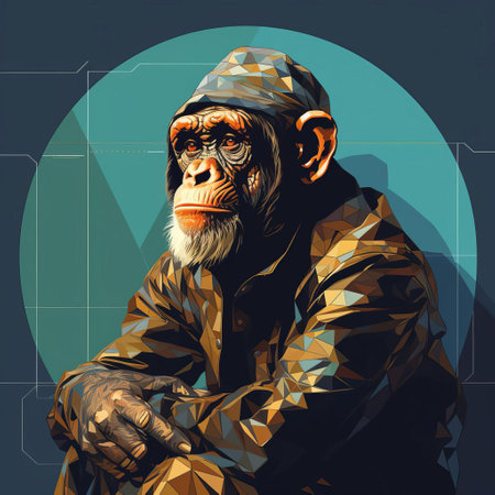 a chimpanzee, rendered in the distinctive style of moebius, stands out against a solid-colored background, its simple yet expressive features and fluid lines capturing the essence of the french comic book master's unique aesthetic, as seen from a three-quarter angle, showcasing its full body. ai generatedの素材