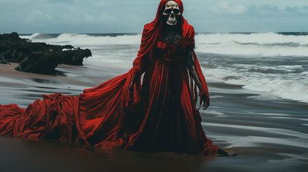 the crimson lich, a hauntingly majestic creature, emerges from the ruins of a decaying shipwreck on a desolate beach, surrounded by the eerie atmosphere of a haunted coastline, as waves crash violently in the background, evoking a sense of foreboding and mystery, perfect for fantasy and horror enthusiasts. ai generatedの素材
