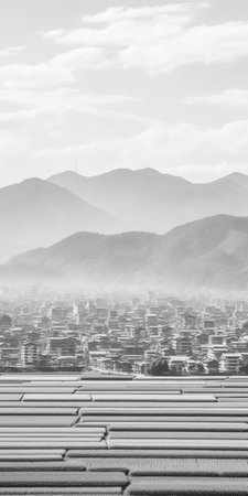 the serene cityscape unfolds amidst lush rice paddies, with majestic mountains rising in the distance, set against a brilliant blue sky, captured in stunning black and white photography with soft, warm light, evoking a sense of tranquility, reminiscent of japan's picturesque landscapes, exuding a cinematic quality, reminiscent of film sense portrait, with intricate 8k details. ai generatedの素材
