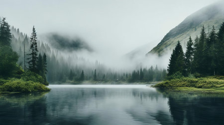 the serene landscape photograph showcases a breathtaking scenery with a calming vibe, featuring lush greenery, majestic mountains, and a tranquil atmosphere, perfect for relaxation and meditation, evoking feelings of peace and serenity, ideal for nature lovers and photography enthusiasts. ai generatedの素材