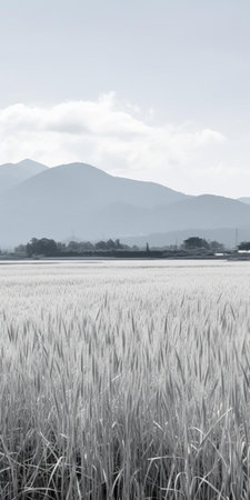 the serene lowland, surrounded by lush green rice paddies, stretches towards the majestic mountains in the distance, set against a brilliant blue sky, captured in stunning 8k detail with a soft, cinematic light, reminiscent of film sense portrait, in a beautiful black and white photograph, evoking the tranquility of rural japan. ai generatedの素材