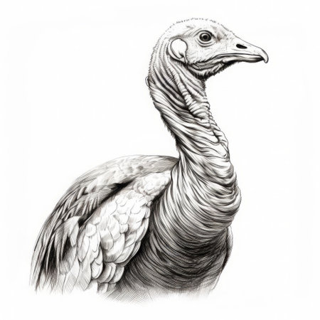 a majestic turkey is elegantly illustrated in a minimalist style, featuring a thick line sketch that accentuates its striking features, showcased in a side view pose against a crisp white isolated background, perfect for designs requiring a clean and simple aesthetic. ai generatedの素材