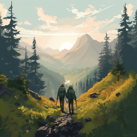 the hiker, dressed in outdoor gear, ventures into the serene woods, surrounded by towering trees and majestic mountains in the background, as the soft, muted colors of the illustration evoke a sense of adventure and tranquility, perfect for nature lovers and outdoor enthusiasts. ai generatedの素材
