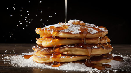 fluffy pancakes, adorned with a delicate dusting of powdered sugar, beautifully backlit to enhance its caramelized sweetness, showcasing a mouthwatering breakfast treat, perfect for a lazy sunday morning, indulging in a sweet and satisfying brunch, or a decadent dessert. ai generatedの素材