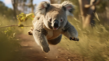 a koala is showcased in stunning clarity, captured in an ultra-hd, 8k, cinematic image using the canon eos r3, highlighting its agile movements as it runs through its natural habitat, with every detail meticulously rendered in exquisite sharpness, perfect for nature and wildlife enthusiasts. ai generatedの素材