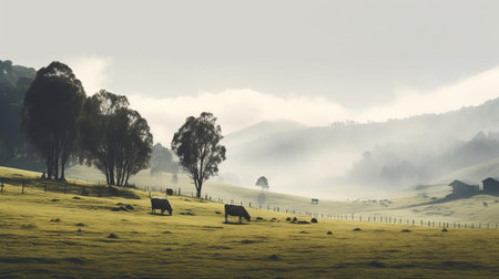 the serene pasture, bathed in warm sunlight, exudes a calming atmosphere, with lush green grass and wildflowers swaying gently in the breeze, creating a sense of tranquility and peacefulness, perfect for relaxation and meditation, evoking feelings of calmness and serenity in nature lovers and photography enthusiasts alike. ai generatedの素材