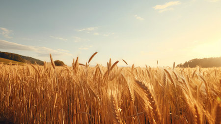 the rolling hills of the harvest scenery bask in the warm, golden evening glow, captured with precision using a 35mm lens, evoking a photorealistic quality reminiscent of kodak film, transporting viewers to a serene and idyllic rural landscape at dusk, perfect for nature and photography enthusiasts. ai generatedの素材