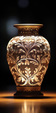this exquisite bronze age-inspired ceramic vase, adorned with an intricate floral pattern, takes center stage against a pristine white background, its delicate details and textures meticulously captured using a 50mm macro focus, while strategically placed glitters add a touch of luxury and sophistication, evoking a sense of ancient elegance and refinement. ai generatedの素材