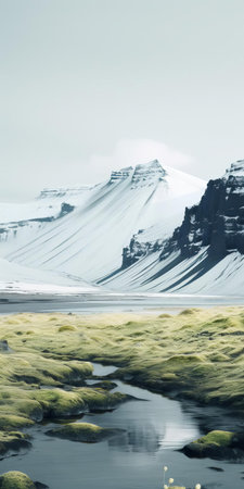 the dasht-e lut landscape unfolds with a surreal twist, blending emerald green sand dunes with a tranquil oasis, snow-capped mountains rising in the background, and a gentle hill in the foreground, all infused with a nordic essence, captured in stunning 70mm film with an ultra-wide-angle lens, showcasing expertly controlled depth of field and tilt blur to amplify the composition's depth and dynamism. ai generatedの素材