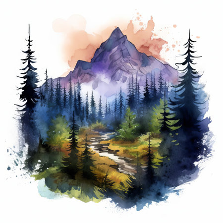 huckleberry mountain, a majestic peak in the ozark mountains, is beautifully captured in this stunning watercolor design, showcasing the serene landscape of arkansas' natural beauty, with lush green forests, rolling hills, and a touch of whimsy, perfect for nature lovers and outdoor enthusiasts. ai generatedの素材