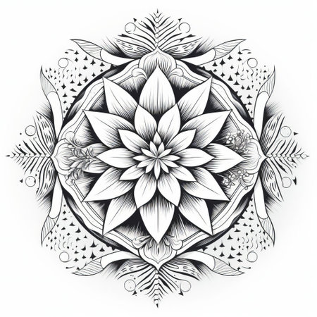 the pine tree mandala, a mesmerizing black and white geometric pattern, echoes the natural spirals found in pine trees, showcasing crisp and clear lines against a pristine white background, drawing the viewer's eye to the center, perfect for high-resolution prints and digital displays. ai generatedの素材