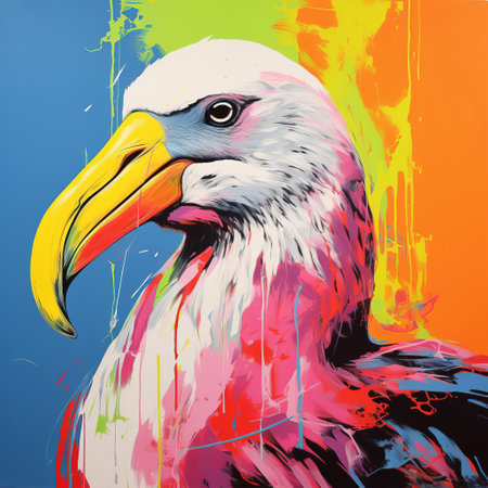 the albatross, a majestic seabird, is stunningly reimagined in the iconic style of andy warhol's silkscreen prints, featuring bold colors and graphic patterns, blending pop art flair with the bird's natural elegance, creating a unique and captivating visual experience. ai generatedの素材