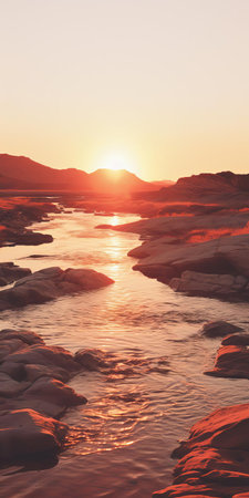 the sunset landscape unfolds with a scorching scenery, bathed in a warm evening glow, captured with a 35mm lens to evoke a photorealistic effect, reminiscent of kodak film, now digitized in stunning 4k resolution, transporting viewers to a serene and idyllic atmosphere. ai generatedの素材