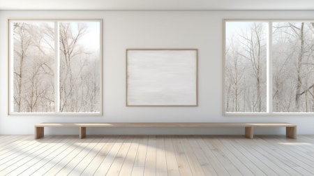 three empty frames, arranged artfully on a white wood floor, evoke a sense of contemporary landscapes and organic compositions, reminiscent of the barbizon school, with a touch of solarizing mastery, as if infused with the soft, light brown hues of a warm summer afternoon, perfectly captured through the lens of vray. ai generatedの素材