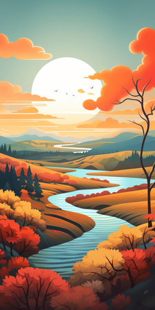 the vibrant landscape illustration showcases a mesmerizing fusion of a lush forest and majestic dunes, blending modern artistry with a kaleidoscope of colors, evoking a sense of wonder and adventure, perfect for nature enthusiasts and art lovers alike, highlighting the beauty of diverse ecosystems. ai generatedの素材