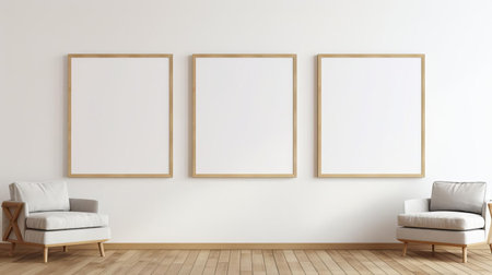 three empty frames, arranged artfully on a light brown, white wood floor, evoke a sense of contemporary landscapes, reminiscent of the barbizon school, with their organic compositions, while the play of light and shadow creates a solarizing effect, evoking the mastery of vray rendering techniques. ai generatedの素材