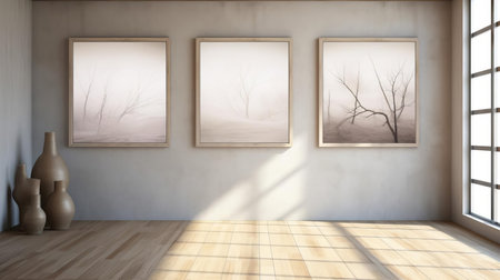 three empty frames, arranged artfully on a white wood floor, evoke a sense of contemporary landscapes and organic compositions, reminiscent of the barbizon school, with a touch of solarizing mastery, as if bathed in the soft, warm light of a vray rendering, blending light brown hues with playful shadows. ai generatedの素材