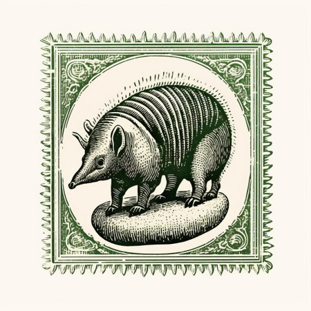 this vintage armadillo stamp features an intricately designed line engraving on a white background, showcasing a beautiful green ink print, perfect for collectors of rare and isolated old prints, adding a touch of nostalgia to any philatelic collection or art project. ai generatedの素材