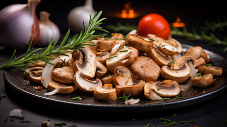 freshly cut mushrooms, garnished with fragrant rosemary, aromatic spices, and caramelized onions, are artfully arranged on a rustic dark stone background, evoking a sense of earthy elegance, perfect for culinary enthusiasts and food stylists seeking autumnal inspiration for recipes and cooking ideas. ai generatedの素材