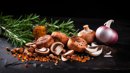 freshly cut mushrooms, garnished with fragrant rosemary, aromatic spices, and caramelized onions, are beautifully arranged on a rustic dark stone background, evoking a sense of earthy elegance and savory sophistication, perfect for a gourmet dinner party or rustic culinary gathering. ai generatedの素材