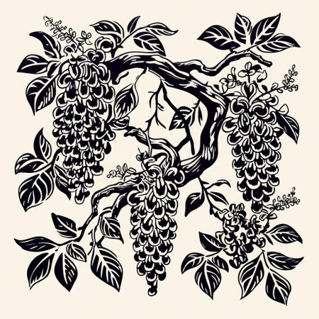 wisteria, a beautiful flowering plant, is elegantly depicted in this stunning linocut woodcut print, featuring thick black outlines that pop against a crisp white background, showcasing the intricate details of the wisteria's delicate flowers and tendrils, perfect for nature lovers and botanical art enthusiasts. ai generatedの素材