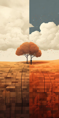 the aspen tree stands majestically in the center of a vibrant illustration, set against a contrasting chiaroscuro backdrop, where large squares dominate the composition, evoking a sense of modernity and abstract expressionism, with bold, careless pencil strokes and angular figures, presented in stunning 8k resolution. ai generatedの素材