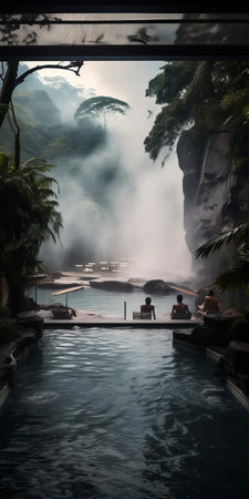 the majestic waterfall, surrounded by lush greenery and shrouded in a mystical smoke, cascades into a serene pool, creating a breathtaking scenery, perfect for nature lovers and photography enthusiasts, capturing the essence of tropical paradise, relaxation, and tranquility. ai generatedの素材