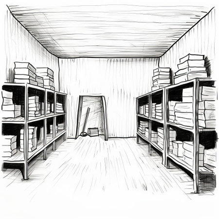 a storage room is depicted in a rough, simple hand-drawn sketch, characterized by primitive and simplistic shapes, thick lines, and a minimalist approach, reminiscent of line art created with a black marker or sharpie, evoking a sense of rustic, diy charm in interior design and organization. ai generatedの素材