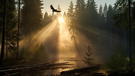 the bird, majestically soaring through the boreal forest at dawn, is captured in this breathtaking photo, surrounded by misty surroundings, as the soft sun rays pierce through the fog, creating an ethereal atmosphere, while a large game development aircraft flies in the distance, its powerful searchlight illuminating the path ahead, showcasing the harmony between nature and advanced technology. ai generatedの素材