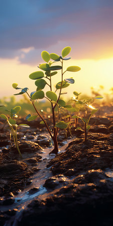 the serene sprout scenery, bathed in the warm, golden evening glow, is captured in stunning photorealistic detail through the lens of a 35mm camera, evoking a nostalgic feel reminiscent of kodak film, with the added depth and clarity of 4k resolution. ai generatedの素材