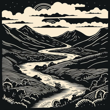 the highlands stand majestically against a backdrop of negative space in this striking, single-color linocut artwork, masterfully distilled to its simplest, bold forms, evoking the region's essence with minimal detail, showcasing the elegance and power of minimalist art, scottish landscapes, and nature-inspired designs. ai generatedの素材