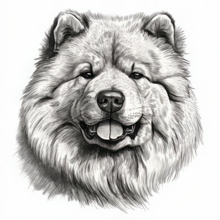 a chinese chow hound, depicted in black and white, is captured in a portrait realism style on a white background. the drawing incorporates classic tattoo motifs and draws inspiration from the works of fernando botero. with the use of photo-realistic techniques by tooth wu, the lively facial expressions of the chow hound are brought to life in light beige and gray tones. ai generatedの素材