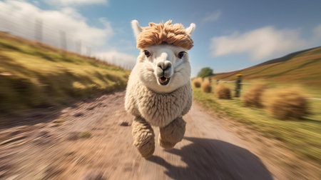 the alpaca, with its soft fur and gentle eyes, is captured in stunning detail as it runs freely in its natural habitat, showcasing its agility and grace, in this breathtakingly sharp, ultra-high-definition 8k image, shot on a canon eos r3 camera, perfect for wildlife and nature enthusiasts. ai generatedの素材