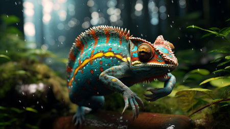 the chameleon, with its vibrant scales glistening in the sunlight, is captured in stunning detail as it runs swiftly across the forest floor, showcasing its remarkable agility and speed in this breathtaking 8k, hdr, ultra-hd photograph taken with a canon eos r3 camera, boasting unparalleled sharpness and cinematic quality. ai generatedの素材