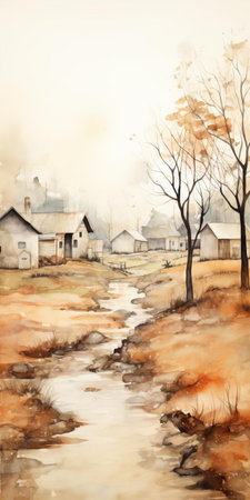 the rural landscape painting, crafted in a serene watercolor style, transports viewers to a tranquil countryside scene, where subtle earth tone colors of olive green, terracotta, and misty blue evoke a sense of peacefulness and connection to nature, perfect for those who cherish rustic charm and simplicity. ai generatedの素材