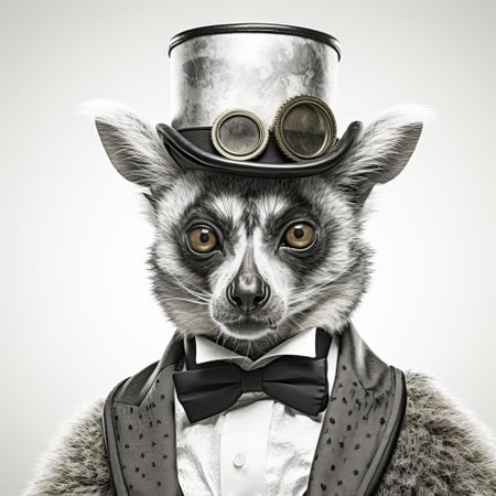 the majestic lemur, resplendent in its aristocratic finery, poses regally against a pristine white background, evoking the grandeur of bygone eras, its intricate features showcased in stunning high dynamic range, a true masterpiece worthy of an award-winning photograph, reminiscent of classic halftone prints. ai generatedの素材
