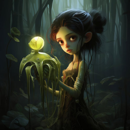 rebecca, dressed in a whimsical victorian-inspired outfit, eerily poses with a menacing carnivorous plant, its snapping jaws and twisted tendrils mirroring her own eccentric and mysterious persona, evoking a sense of dark fantasy and gothic romance, reminiscent of tim burton's signature style. ai generatedの素材