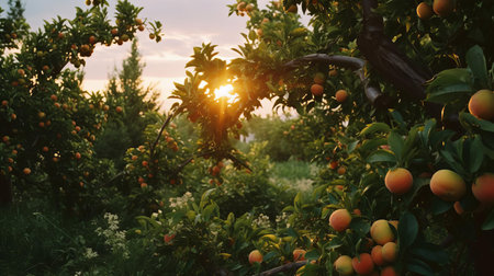 the serene landscape unfolds under the warm, golden evening glow, captured through the nostalgic 35mm lens, evoking a photorealistic quality reminiscent of kodak film, transporting viewers to a tranquil atmosphere of lush greenery and vibrant hues, perfect for nature enthusiasts and photography aficionados alike. ai generatedの素材