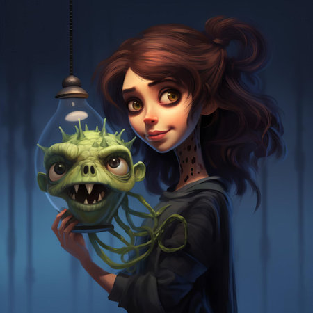 sandra, a quirky and eccentric character reminiscent of tim burton's iconic style, is eerily entranced by the sinister beauty of a carnivorous plant, its venomous tendrils curled menacingly around her fingers, evoking a sense of dark whimsy and gothic fantasy. ai generatedの素材