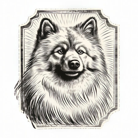this vintage keeshond stamp features an isolated old print on a white background, showcasing a beautiful line engraving created with ink, perfect for collectors of antique dog breeds, philatelists, and enthusiasts of retro illustrations, offering a unique glimpse into the history of canine art. ai generatedの素材