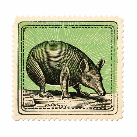 this vintage armadillo stamp, crafted with intricate line engraving, features a beautiful green ink design on a crisp white background, evoking a sense of nostalgia and classic charm, perfect for collectors of rare and unique print art, antique enthusiasts, and lovers of retro graphics. ai generatedの素材